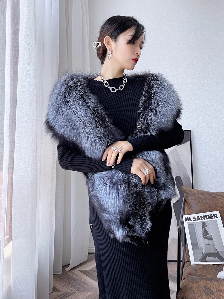 New Real Fox Fur Dress Wedding Shawls Thicken Warm Long Winter Fox Big Collar Scarf Ponchos Cheongsam Elegant Capes