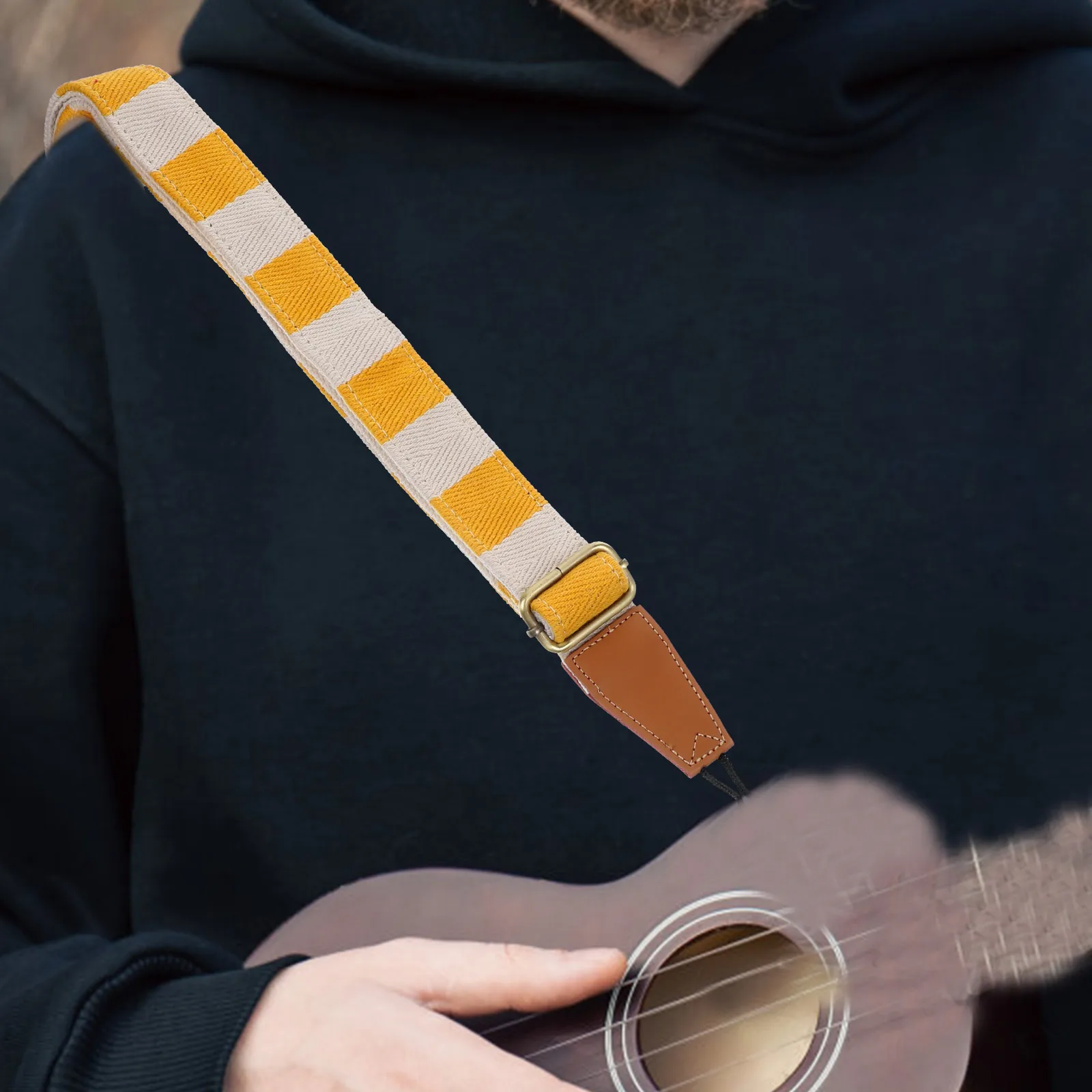

Ukulele Strap ange Yellow Grid Thickened Cotton Adjustable Shoulder B Musical Instrument Accessory Wear Resistant Long Lasting
