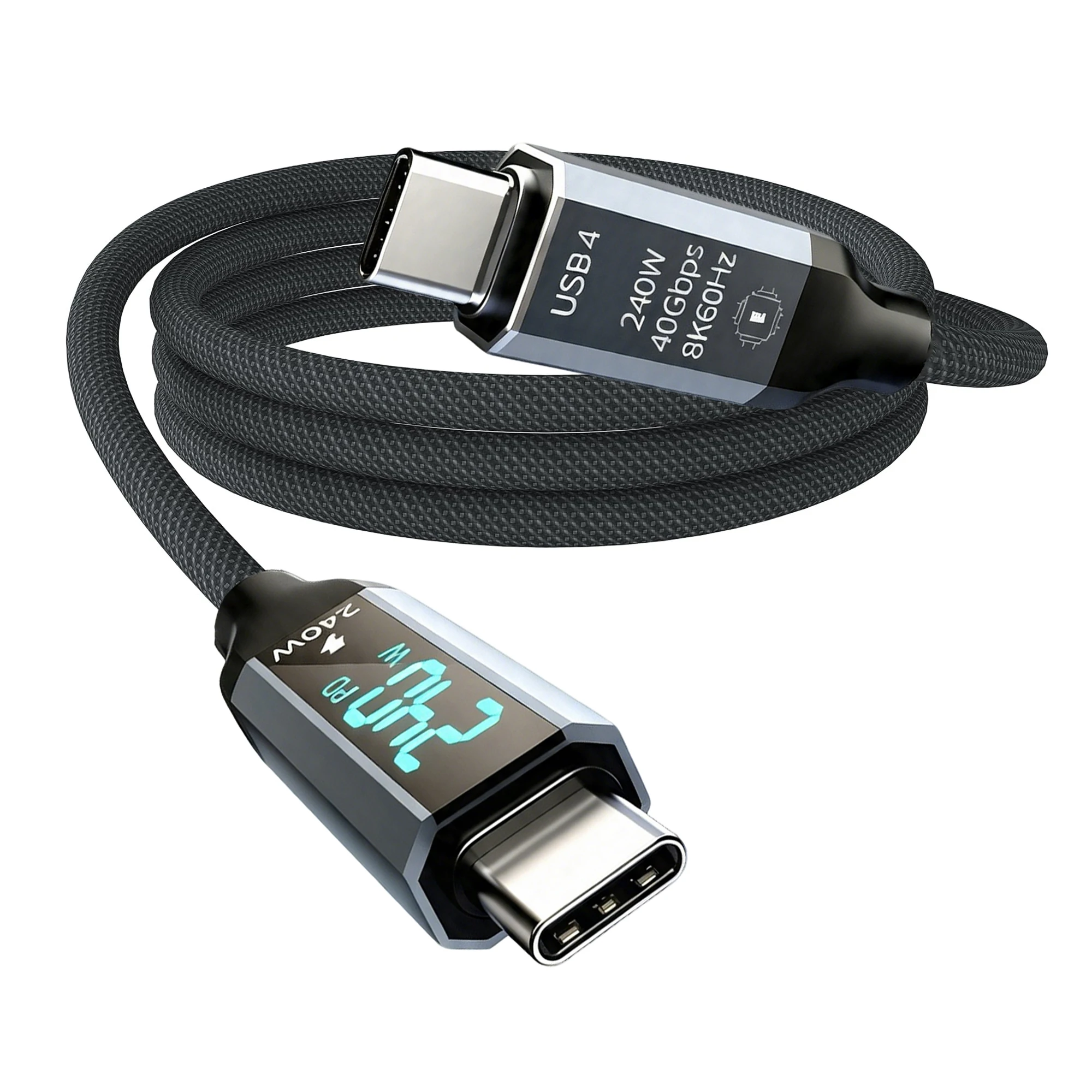 240W PD Charging USB C to C Nylon Braided Cable with Real-Time Power Display 40Gbps Data Sync 8K@60Hz HD Screen Cast for Macbook