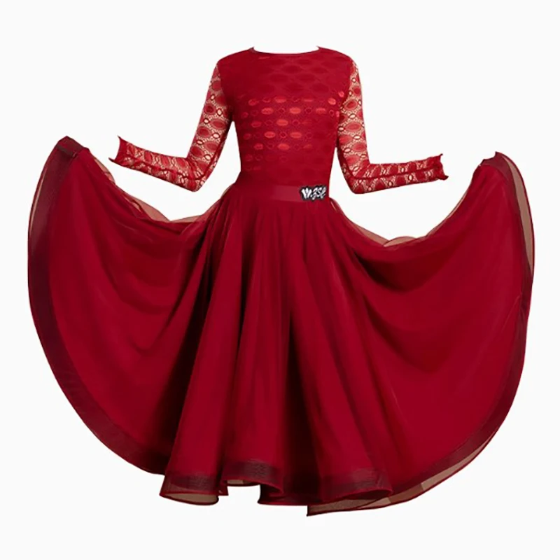 بدلة رقص الفالس الحديثة للأطفال البنات من الدانتيل وتنورة متأرجحة كبيرة وممارسة أداء الرقص