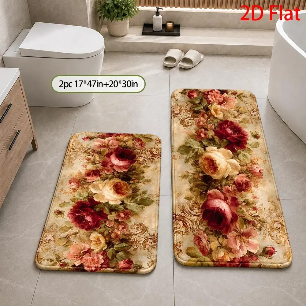 Elegant Floral Pattern Bath Mat Rug Polyester Waterproof Bathroom Decor Vanity Entrance Mat Luxury Spa Floor Accessory Runner