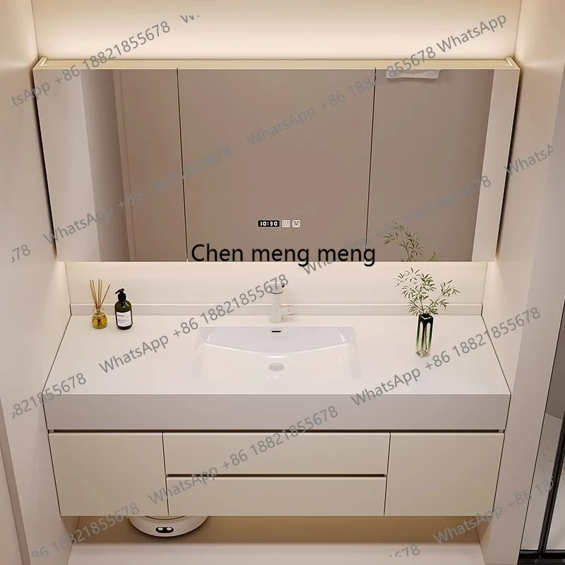 

Cream wind rock slab ceramic seamless integrated basin solid wood bathroom cabinet washbasin toilet