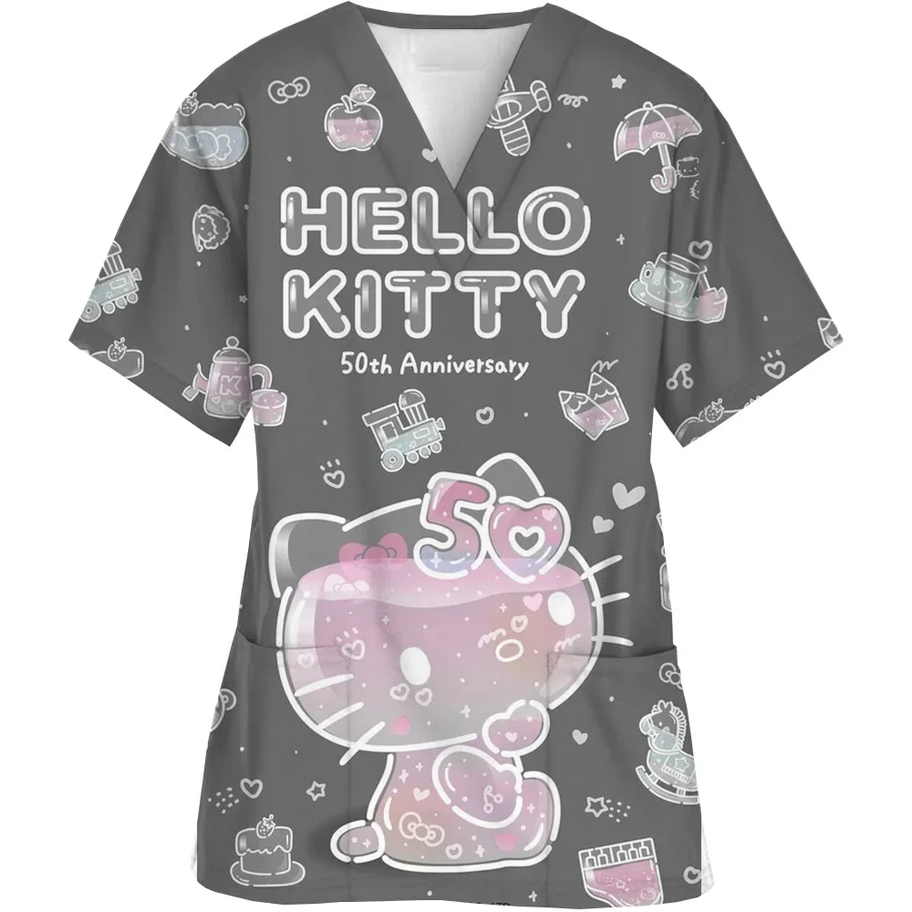 Uniforme da infermiera Donna Manica corta Hello Kitty Uniforme da lavoro Tasca Scrub Top Uniformi mediche con scollo a V infermieristiche Accessori