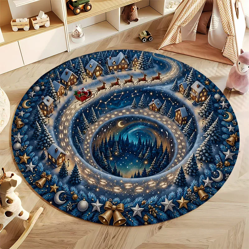 3D Illusion Round Rug, Winter Christmas Fantasy Snow Tunnel Village Print Mat, Holiday Decor Carpet for Bedroom Living Room Gift