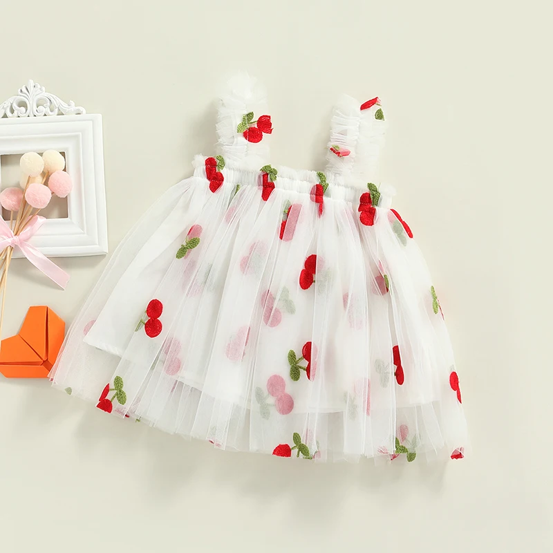 Summer New Girls' Little Flying Sleeve Dress Children's Bow Strawberry Embroidery Mesh Princess Dress Baby Girl Dress