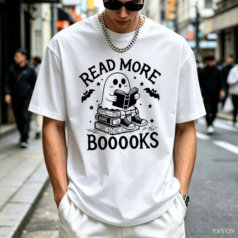 Read More Booooooks Ghost Book Lover T‑Shirt Cute Ghost Reading Book Stack Bat Star Spooky Halloween Bookworm Pun Quote Tops Tee