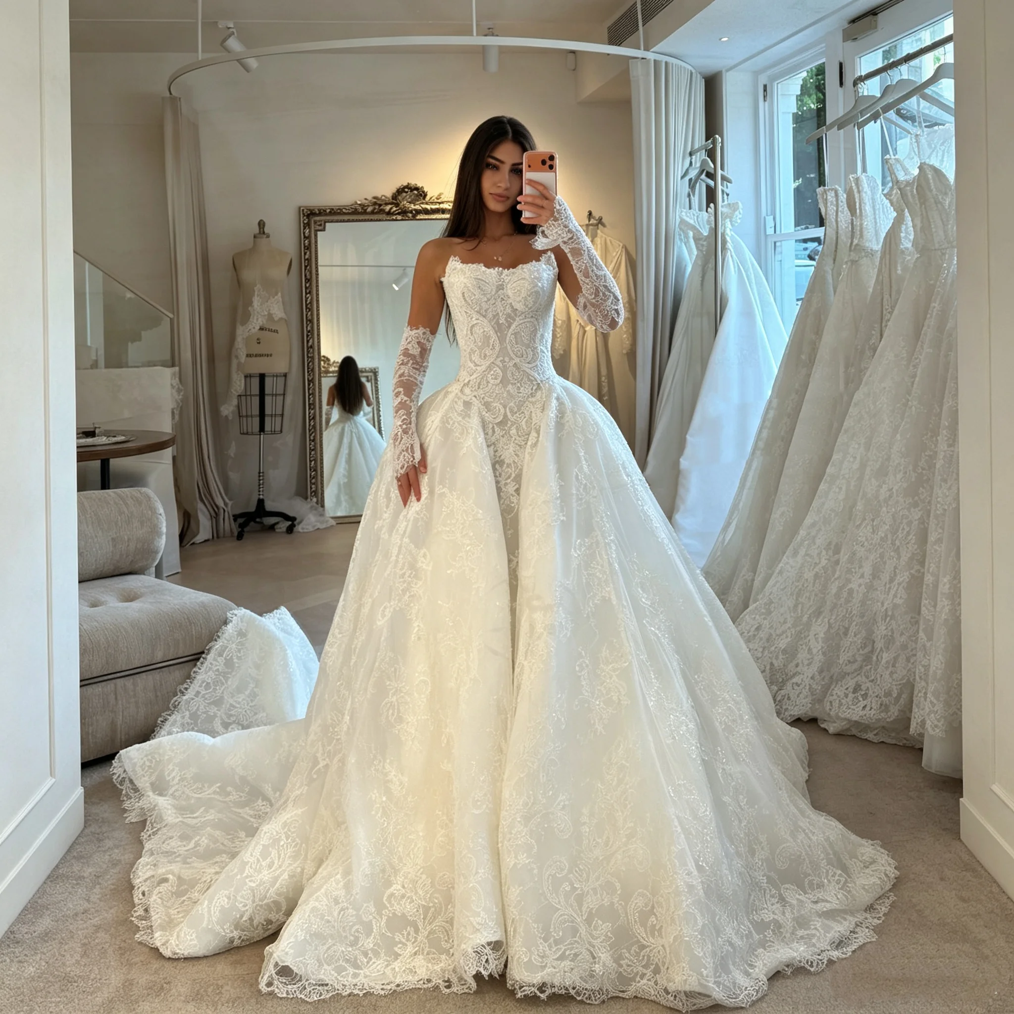Strapless Retro Lace Corset Ball Dress Wedding Dress Long Lace Gloves Luxurious Shining Boat Neck Bride Dress Customization