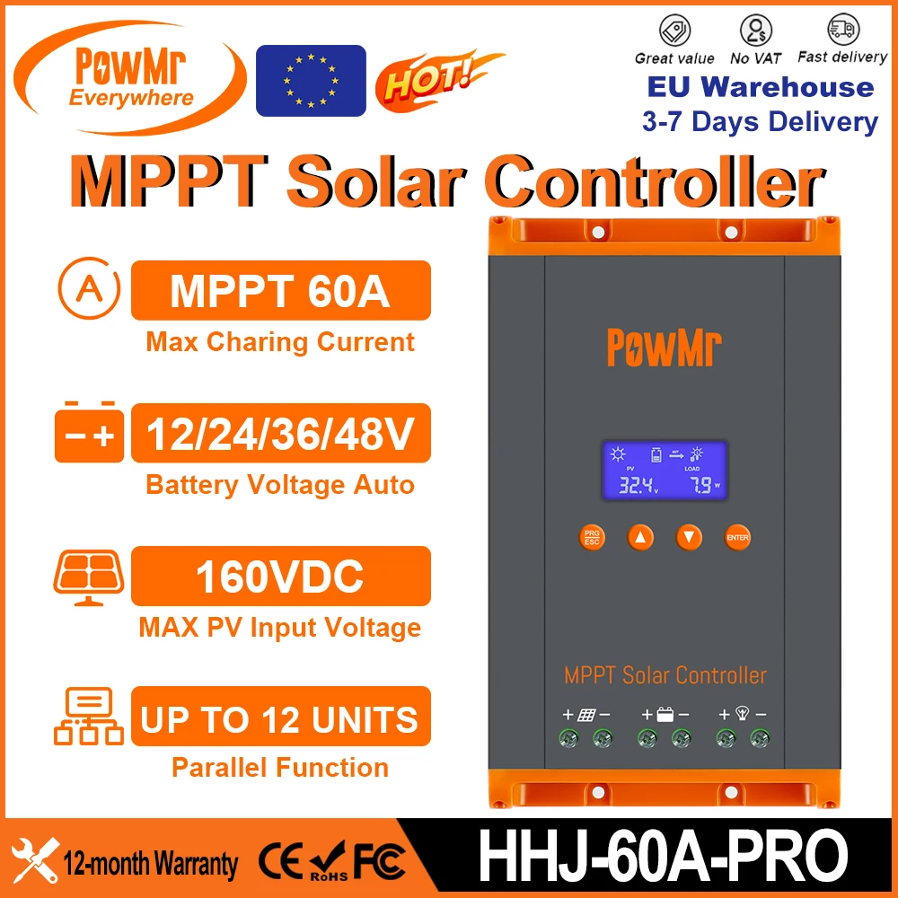 PowMr 60A MPPT Solar Charge Controller 3 Stages Charging for 12V 24V 36V 48V Battery 160VDC Solar Panel Can Parallel 12 Units