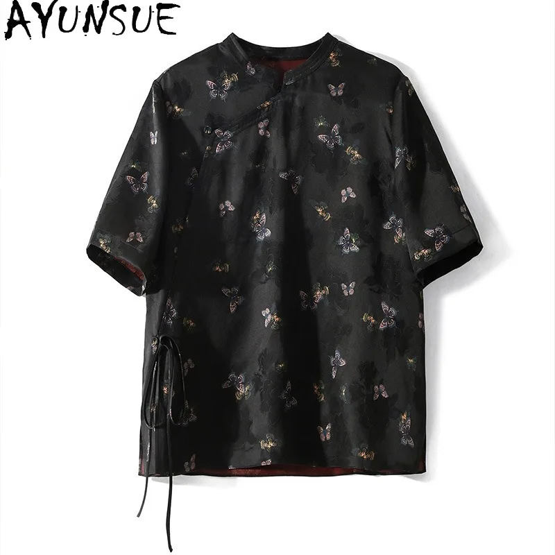 AYUNSUE Xiangyunsha Silk Women's Matching Sets Elegant Woman 2 Piece Set Outfit Short Sleeve Top Long Skirt Woman Clothes Ropa