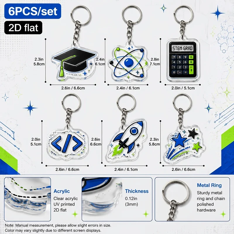 6pcs STEM Acrylic Keychain – Rocket Atom Calculator Code Design, Science Graduation Gift for Students