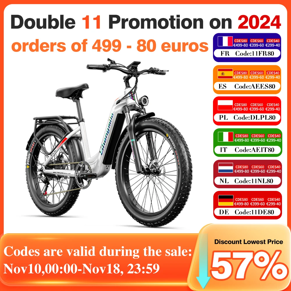 Shengmilo Mx06 48v17.5ah 26 Inch Dikke Band Stad Elektrische Fiets Heren E-Mountain Ebike