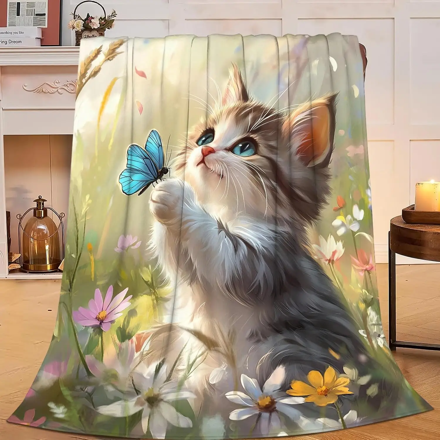 Watercolor Fluffy Kitten Touching Blue Butterfly Colorful Wildflowers Meadow Print Soft Flannel Blanket for Bedroom Sweet Warm