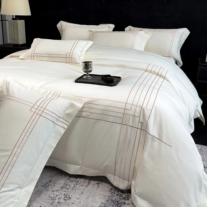 600TC Egyptian Cotton Bedding Set Luxury Hotel Style Geometric Embroidery Duvet Cover Set Soft Bed Linen Pillowcase Home Textile