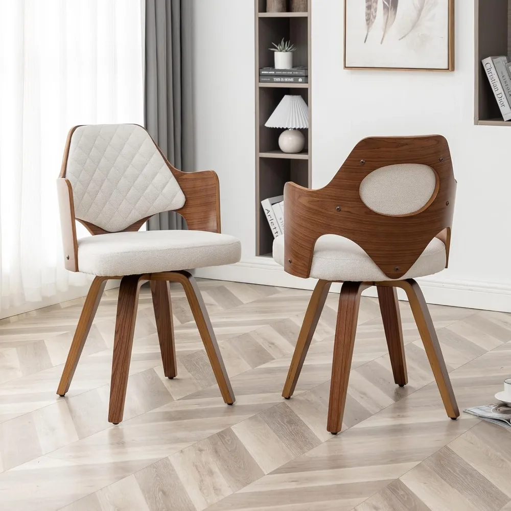 

Walnut Dining Chairs Set of 2,Beige Kitchen Chair Fabric,Wooden Mid Century Modern Dining Chairs,Swivel Bentwood Chair with Arms
