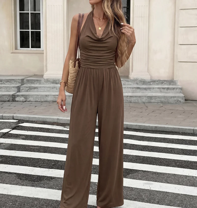 Jumpsuit Women 2026 Spring Summer New Hlater Sexy Backless Solid Color Ruched High Waist Casual Wide Leg Jumpsuit