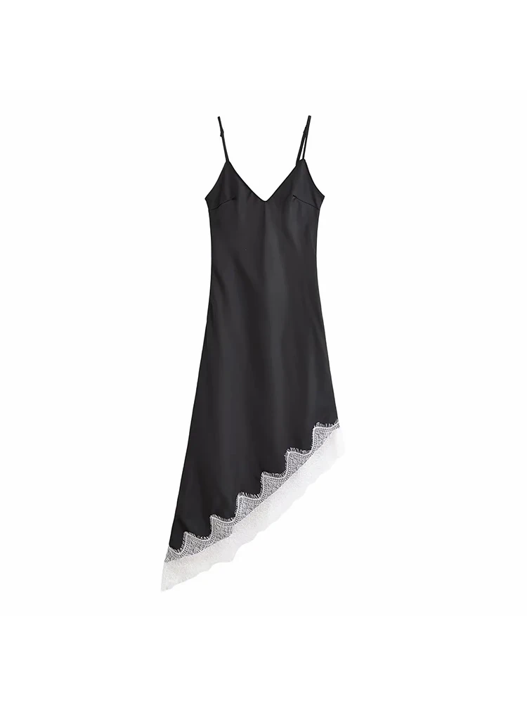 Women Fashion Sleeveless Backless Sexy Sling Dress Women's Lace Spliced Satin Texture Asymmetrical Holiday Party Lady Dress