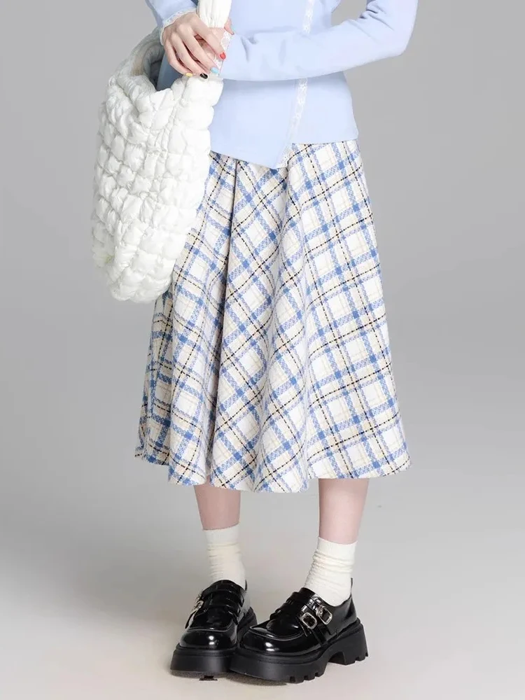 

Blue Plaid Women Midi Skirt Japanese Sweet Preppy High Waist Kawaii Cake Skirts Fall Winter Vintage Student Cute Patchwork Skirt