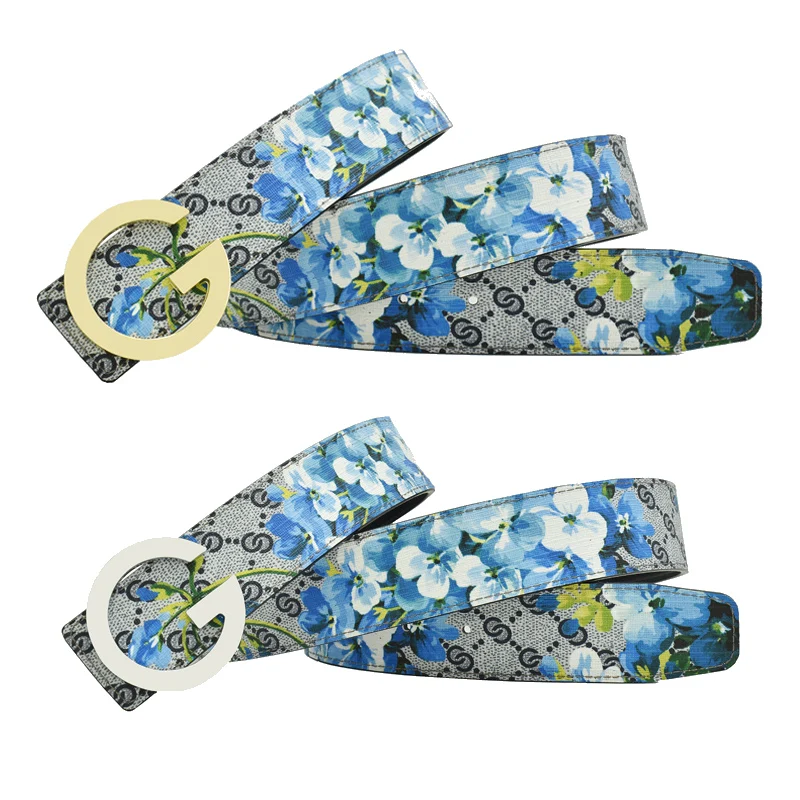 

Western Fashion Men Leather Belt Blue Flower Print Green Flower Tiger Pattern Smooth G Buckle Strap