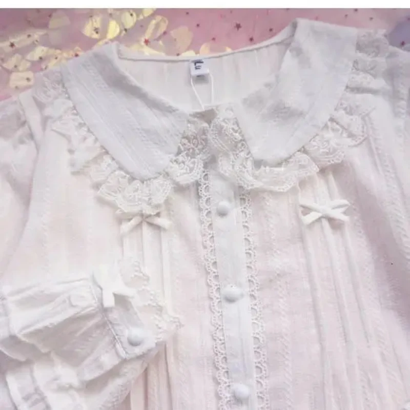 Japanese Bow Peter Pan Collar Bow Blouses Summer Ruffles Bottoming White Shirt Women 2025 New Short Sleeve Blusas Mujer