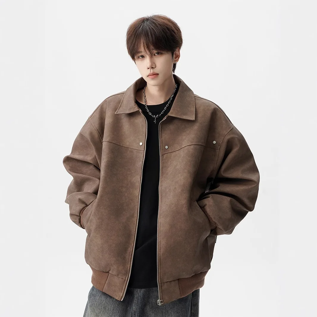 

American Style Turn-Down Collar Leather Jacket for Men, New Loose Casual Design for Spring and Autumn, Stylish Couple Workwear