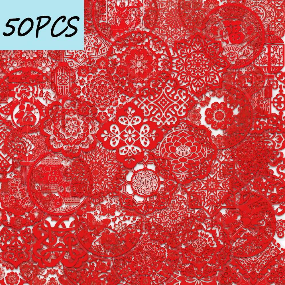 

50 шт. наклеек для окон на Китайский Новый год, украшение для телефонов, столов, стаканов, блокнотов, водонепроницаемые наклейки из ПЭТ