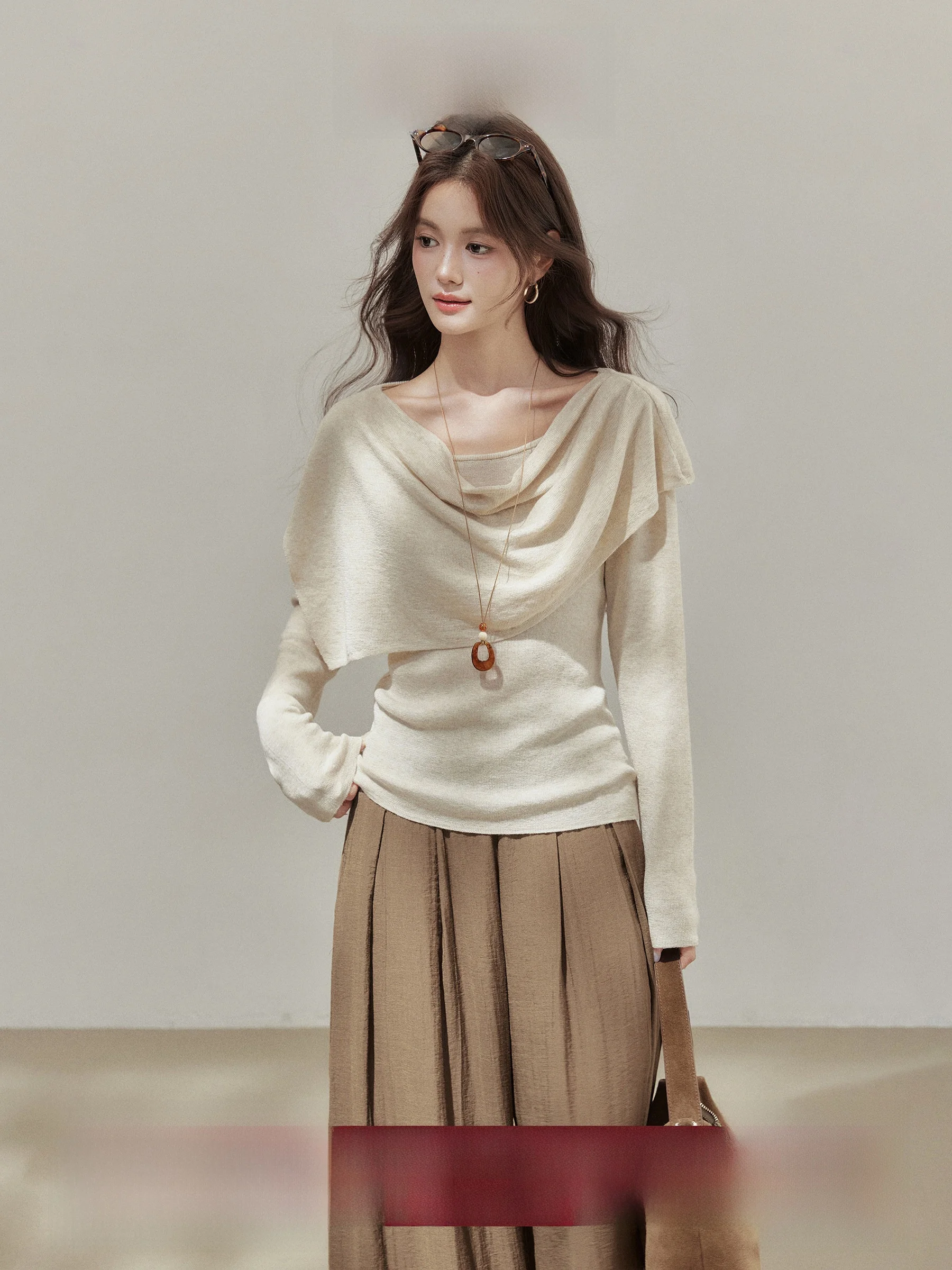 

Вязаный свитер Ele для женщин, комплект из двух предметов, ранняя осень, корейский стиль, шикарный топ, повседневный крой, длинный рукав