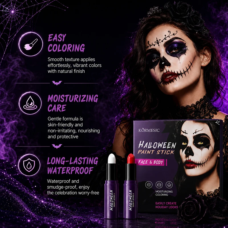 4 Color Halloween Face Paint Stick Set – Black White Blue Red Body Art Crayons, Non Toxic Washable Makeup for Cosplay Clown