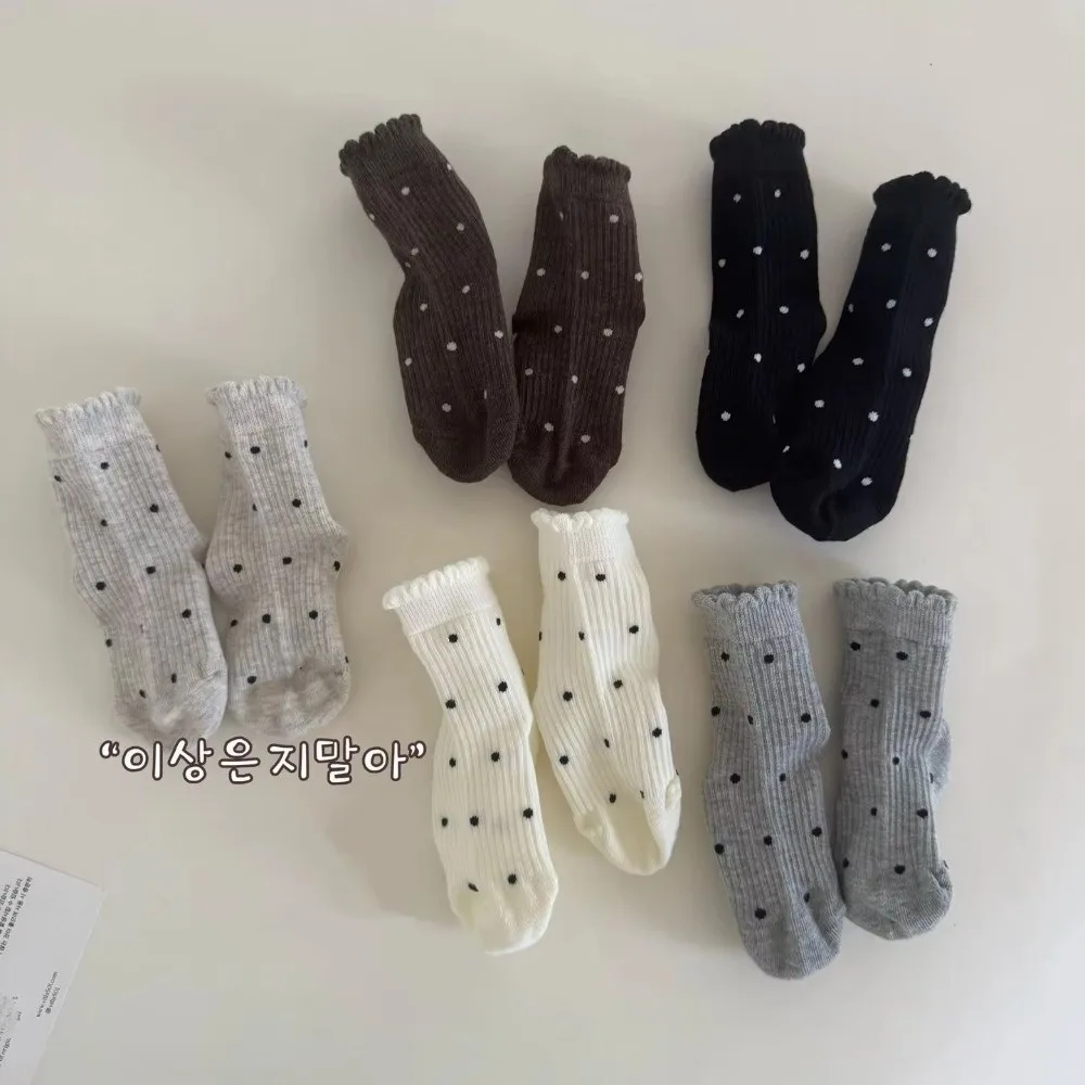 5Pairs/set Soft Cotton Mid-Calf Crew Socks Ruffle Frill Design Loose Cuff Cotton Ruffle Socks 5 Pairs Set Polka Dot Pattern