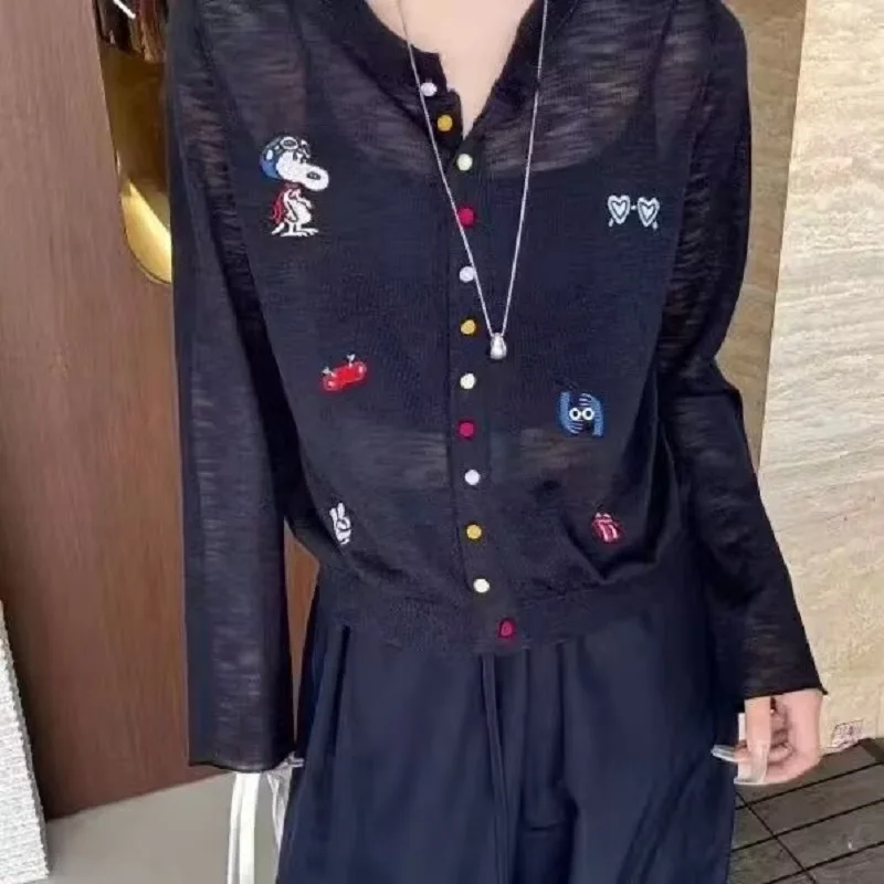 

Womens Knit Cardigan Cartoon Embroidered Thin Sweater