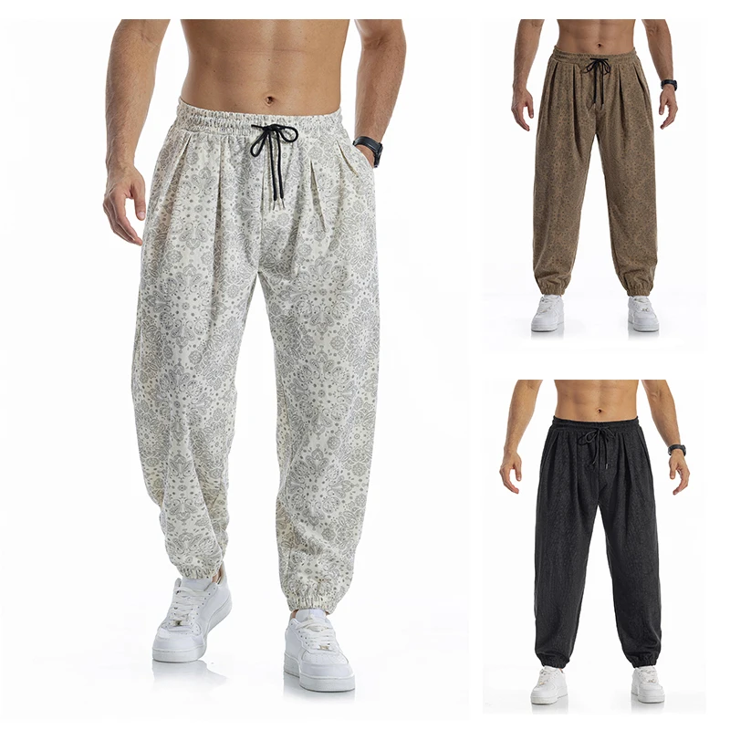 Men's Autumn Casual Loose Flannel Pants Fashion Paisley Print Drawstring Outdoor Trousers Running Jogger Tracksuit Legging Pants