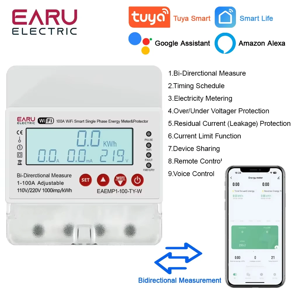 100A Tuya WiFi Smart Single Phase Energy Meter Over Under Voltage Protector Electricity Bi-Directional Measure kWh Power Meter