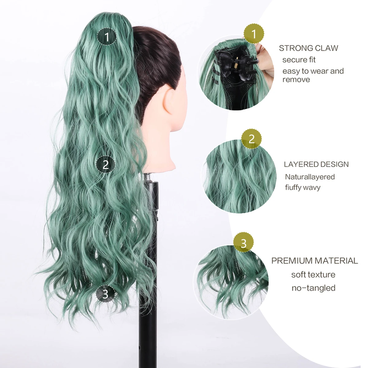 Pieces Synthetic Hairpieces Long Wavy Curly Clip in Ponytail Hairpiece Green 22 Inch Full Machine Made Good Quality Synthetic Wi