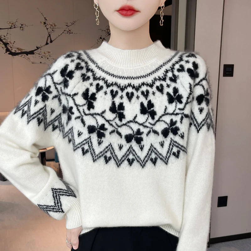 

2025 Autumn and Winter Sweater Women's Round Neck Retro Contrasting Jacquard Loose Pullover 100% Wool Long Sleeve Knitted Tops