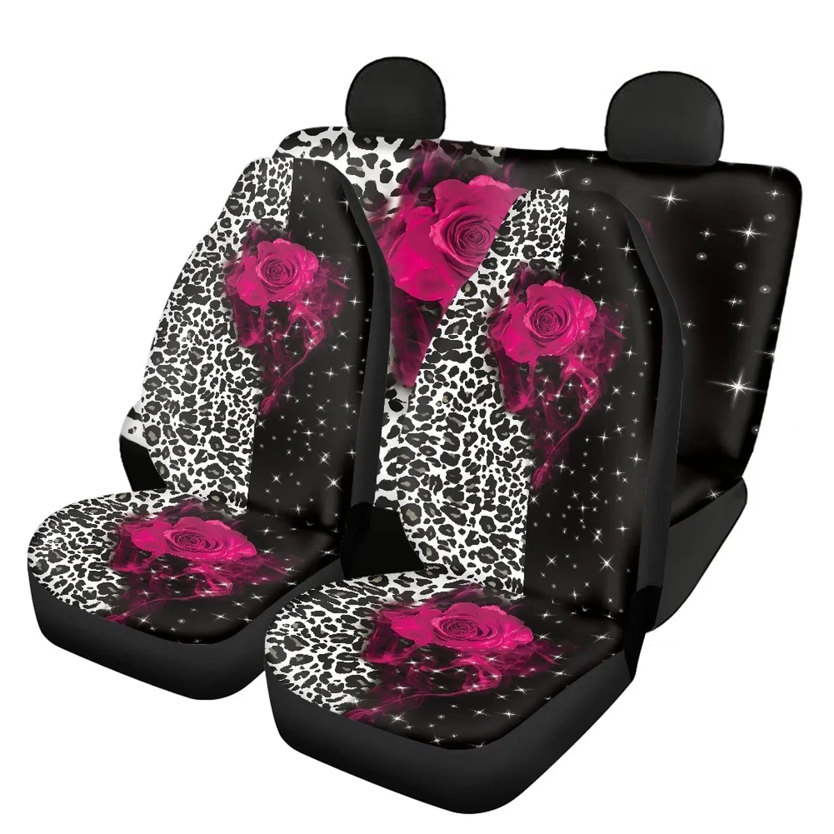 

INSTANTARTS Leopard Rose Flower Print Universal Vehicle Seat Covers Anti-Slip Seat Protector Easy to Install Front&Back Interior