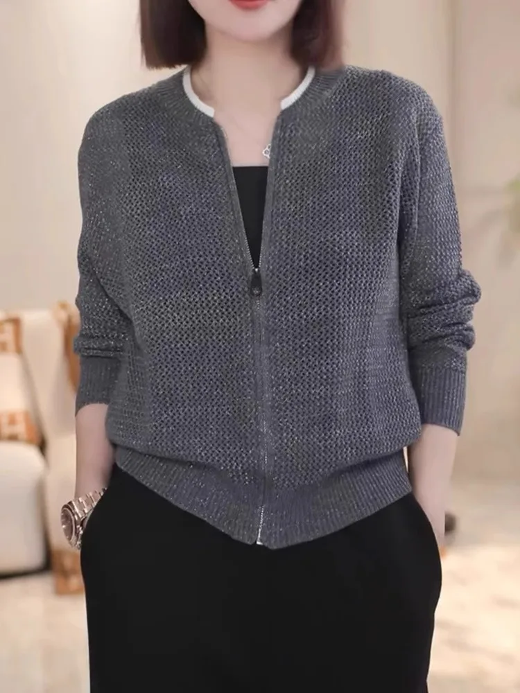 

Ele круглый вязаный открытый кардиган на молнии, женский модный топ высокого класса, винтажный свободный крой, длинный све