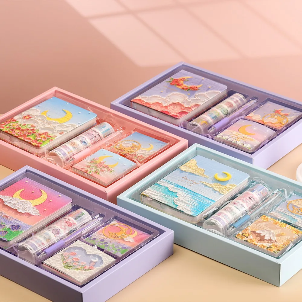 

Japanese Korean Fresh Style Journal Gift Box Set Star Moon Oil Painting Theme Kit with Pen Notes New Year Festival Gift
