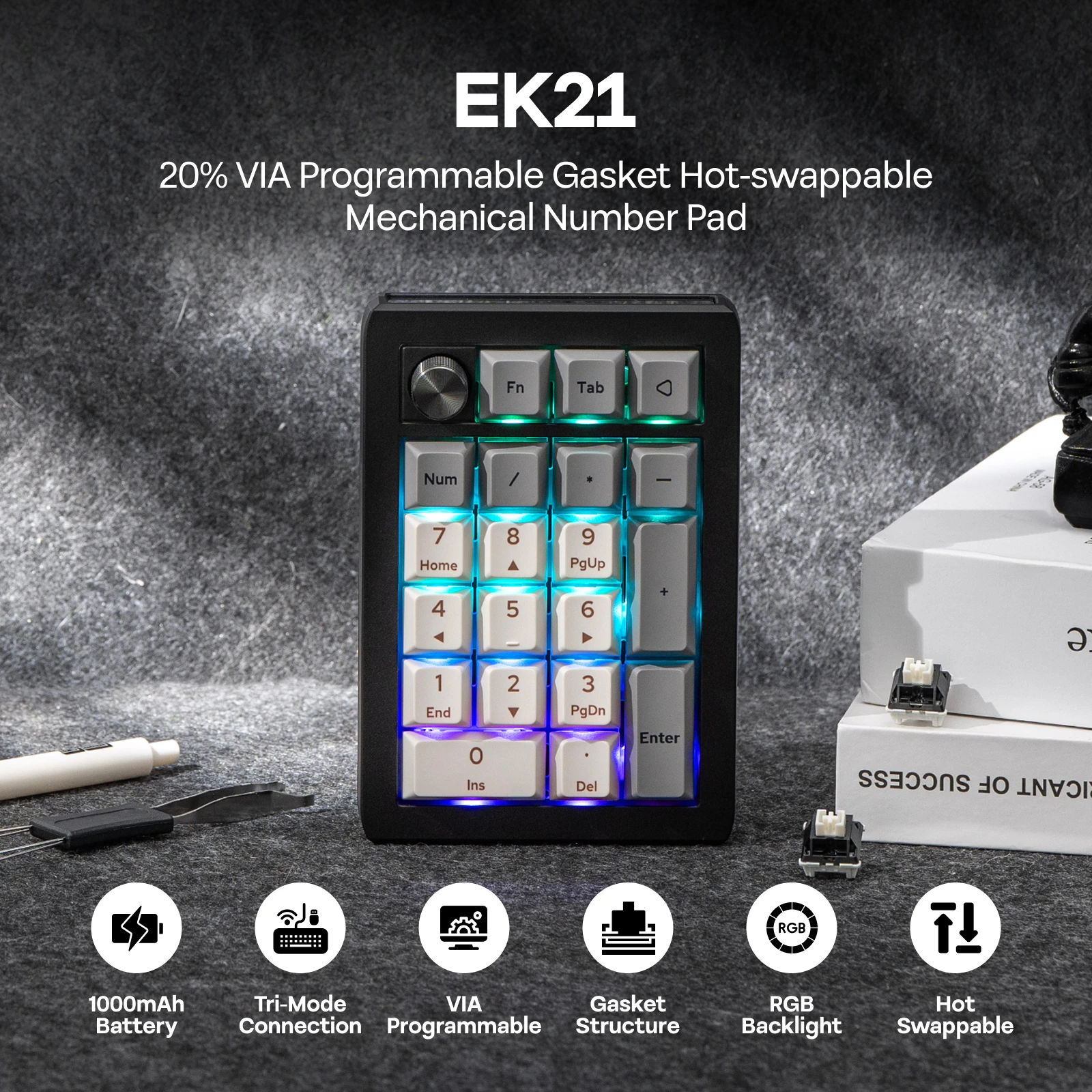 EPOMAKER EK21 VIA 20% 가스켓 유선/블루투스/2.4Ghz 무선 NKRO 숫자 패드 알루미늄 합금 손잡이 Win/Mac/게임용 1000mAh 배터리 썸네일 2