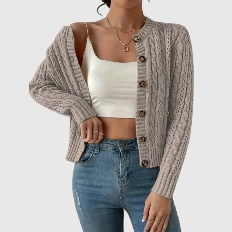 Women Cable Knit Cardigan Round Neck Single Breasted Slim Fit Elegant Casual Sweater Jacket