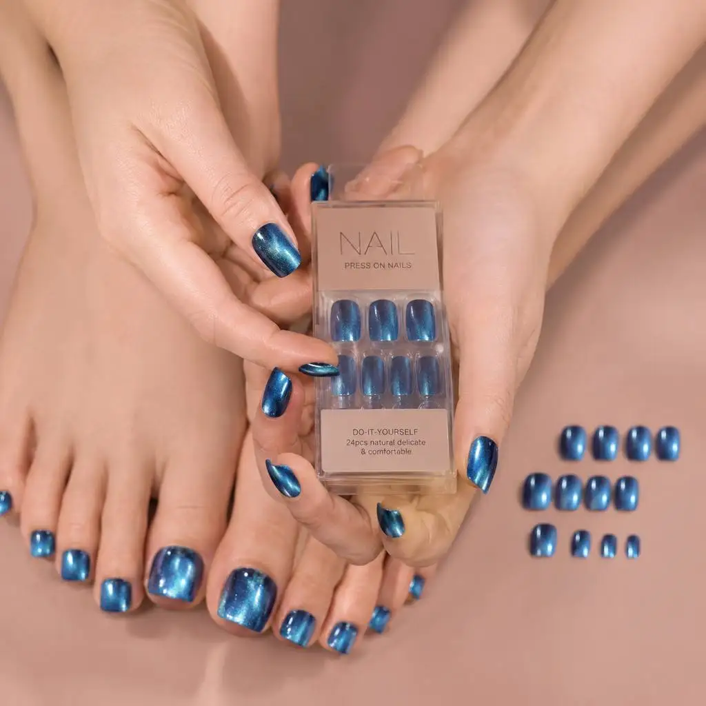 48Pcs Dazzling Cat Eye Press On Nail Blue Base Gloss False Nail Party Shine Fake Nail With Jelly Glue&File Manicure Tips