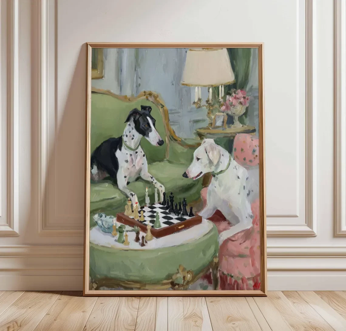 Funny Dog Art Print, Whippet and Dalmatian Playing Chess Painting, Quirky Animal Wall Decor, Vintage Style Interior Art,