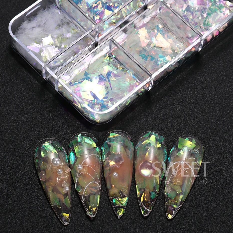 6 Gitter AB schillernde Nagelglitzerflocken unregelmäßige Aurora Sparkle Pailletten Kristallglas Fee Paillette DIY Maniküre Dekor Scheibe – Detail 10