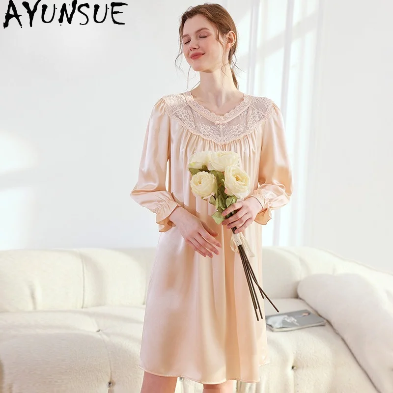 AYUNSUE 19MM 100% Mulberry Silk Sleepwear Women Night Dress Woman Spring Summer Home Clothes Casual Loose Fit Vestidos Mujer