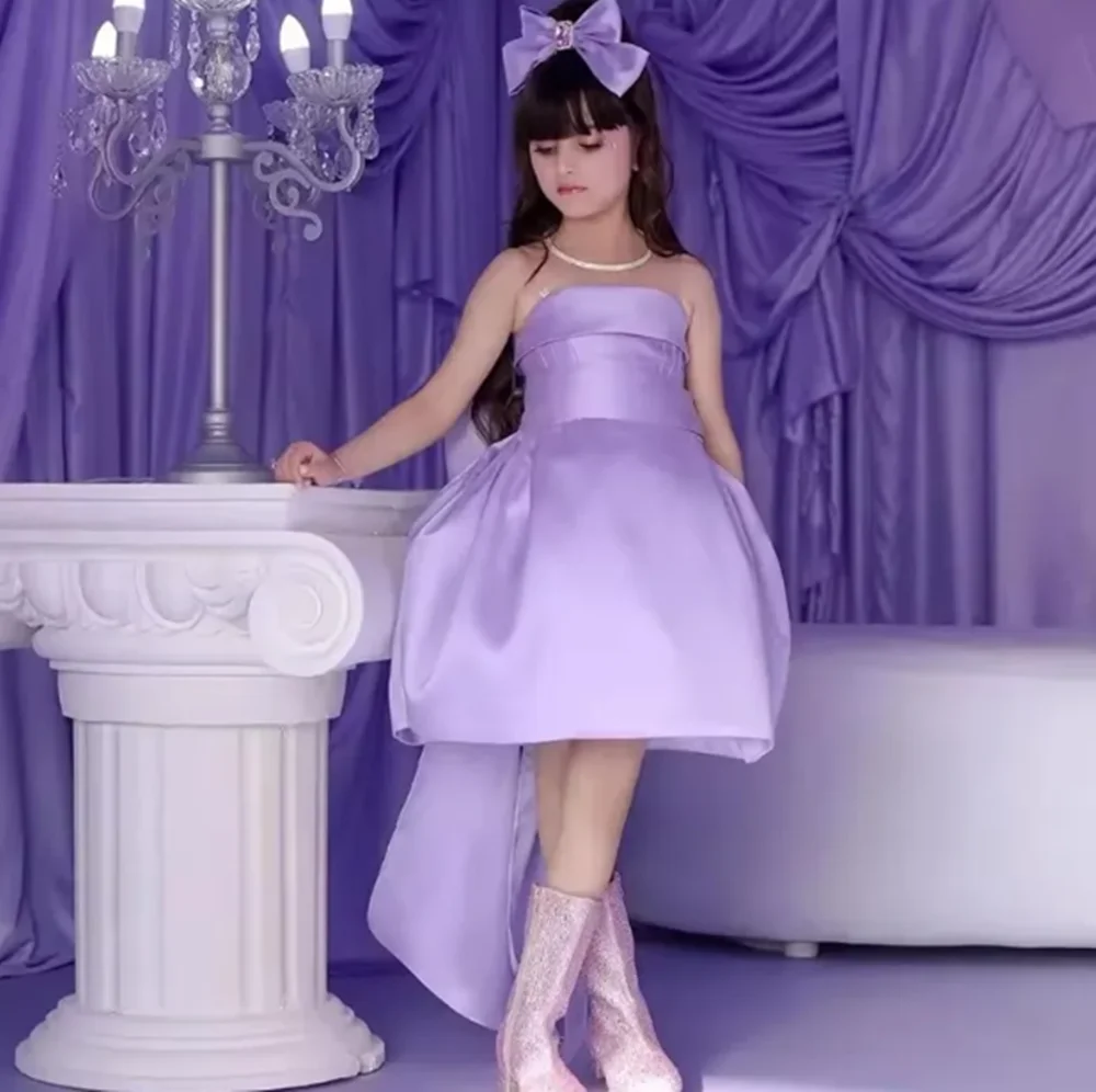 Customized Lavender Flower Girl Dresses For Wedding Satin With Bow Knee Length Simple Princess Birthday Party Formal Events Gown