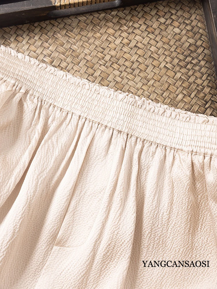 2024 Women's Fashion Summer New Beige Blossom Waist 100% Natural Mulberry Silk Pearl Satin Comfortable Pocket Design Pants