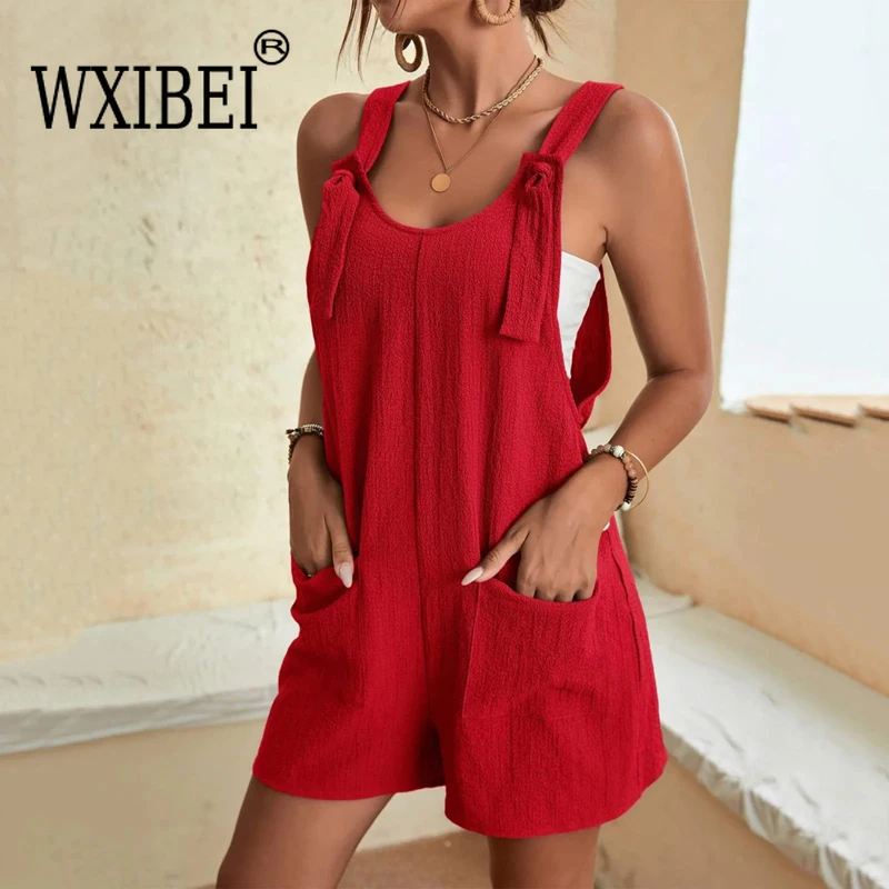 WXIBEI 2024 Summer Women's Jumpsuit Overalls Short Loose Sleeveless Wide Leg Overall Solid Casual Romper with Pockets ALH081