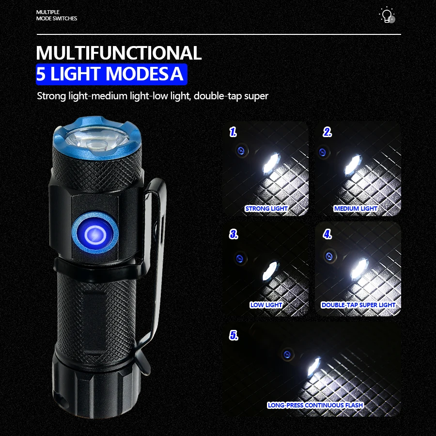 Imagem -04 - Lanterna Led Recarregável com Cauda Ímã Mini Poderoso Edc Modos de Iluminatactical Torch Emergency Fishing Camping Lantern