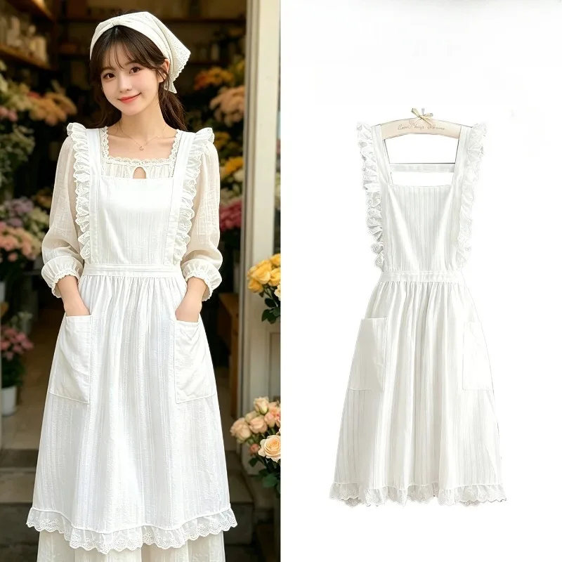 Vintage Lace Cotton Apron for Women White Ruffle Sleeveless Dress Design Breathable Thin Apron for Painting