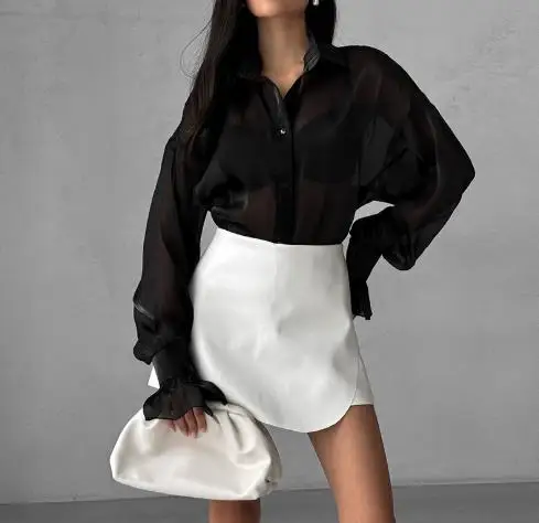 

Summer New Sexy Transparent Yarn Shirt Fashion Ruffle Top Women's Elegant and Sexy Collar Single Breasted Perspective Shirt Top