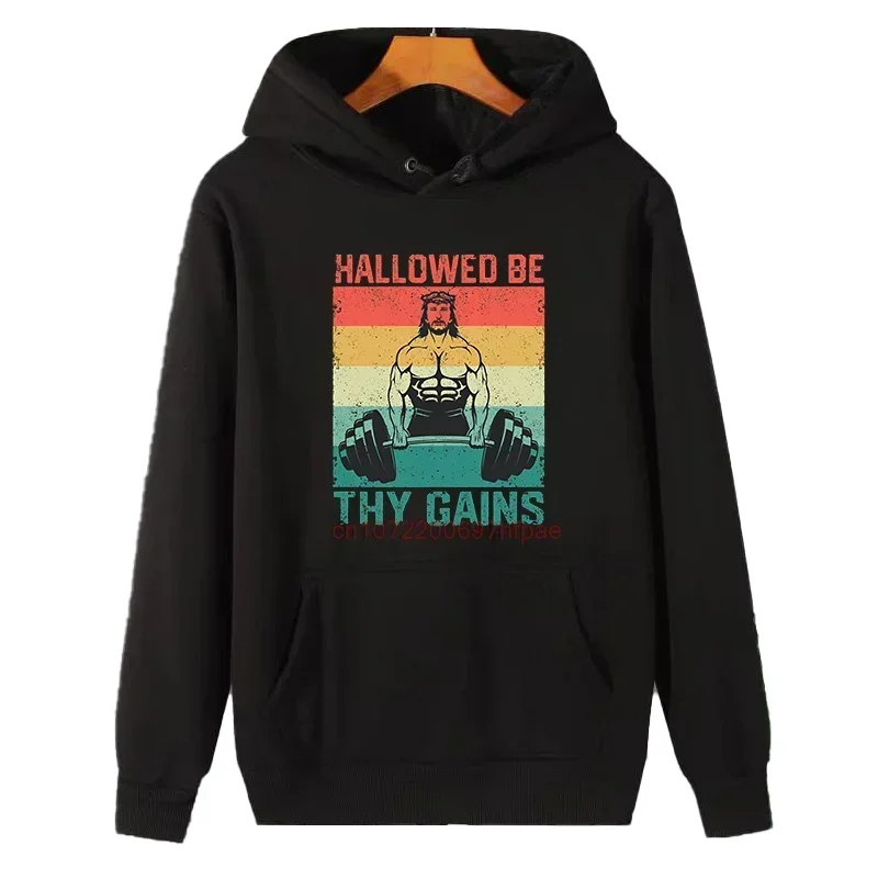 Hallowed Be Thy Gains Jesus Bodybuilding Funny Muscle Weight Graphic Hooded Sweatshirts Winter Thick Sweater Hoodie Male clothes