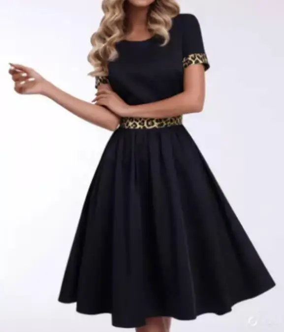 

Women's Dress Summer New Elegant Fashionable Trend Slim Fit Round Neck Leopard Print Splicing Solid Short Sleeved A-Line Dress